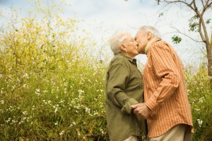 Elderly Couple Kissing in Meadow